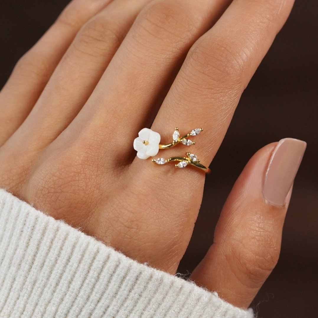 White AD Studded Adjustable Floral Ring main image 1